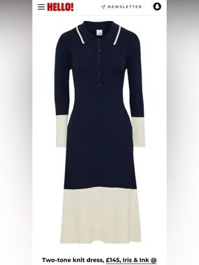 Iris & Ink Two-Tone Navy and Cream Long-Sleeve Minimalist Knit Dress Small